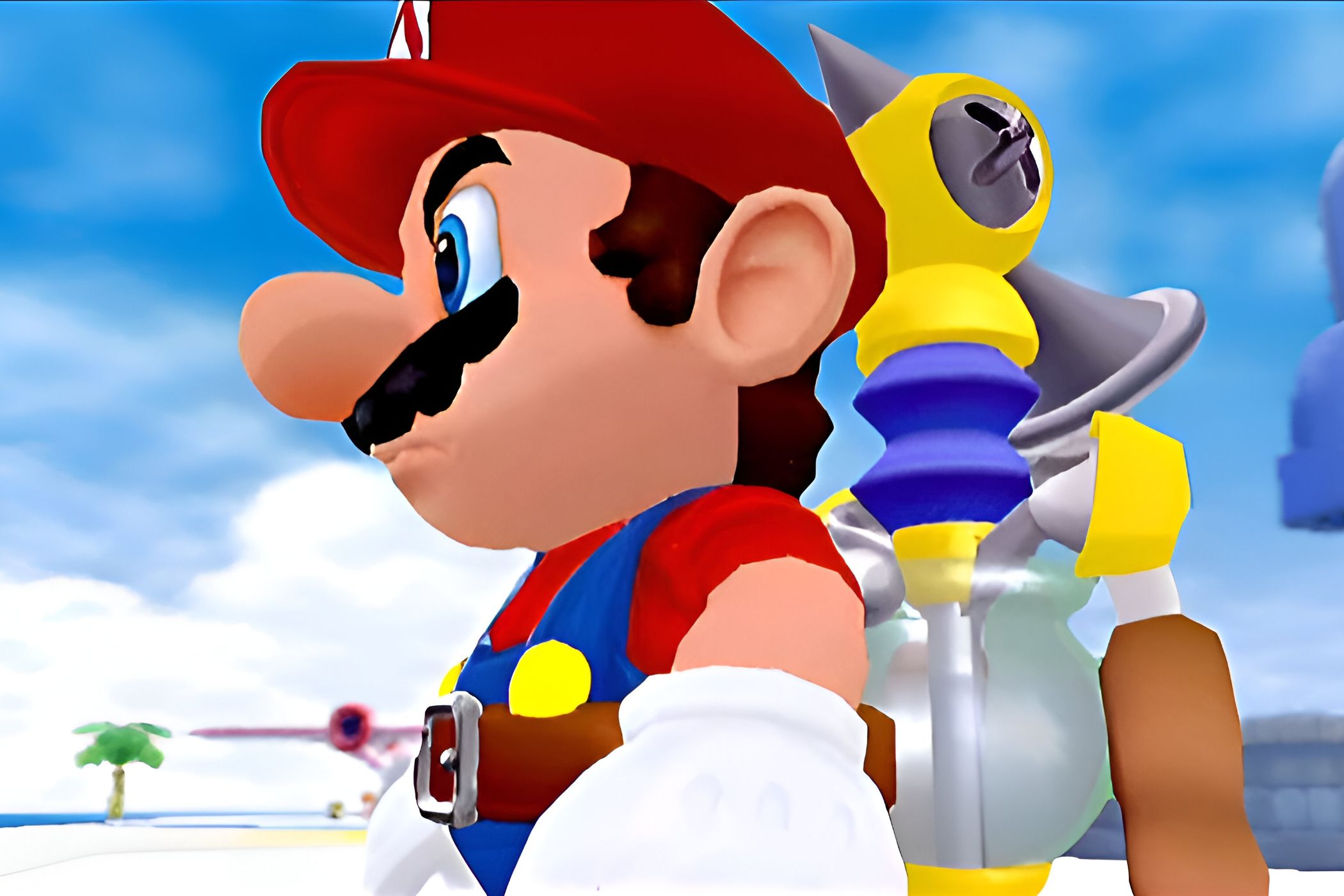 A screenshot from the game Super Mario Sunshine, showing Mario, a plumber with a red hat and mustache, standing with a determined look on his face.