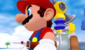 A screenshot from the game Super Mario Sunshine, showing Mario, a plumber with a red hat and mustache, standing with a determined look on his face.