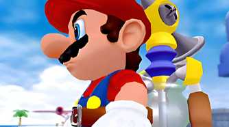A screenshot from the game Super Mario Sunshine, showing Mario, a plumber with a red hat and mustache, standing with a determined look on his face.