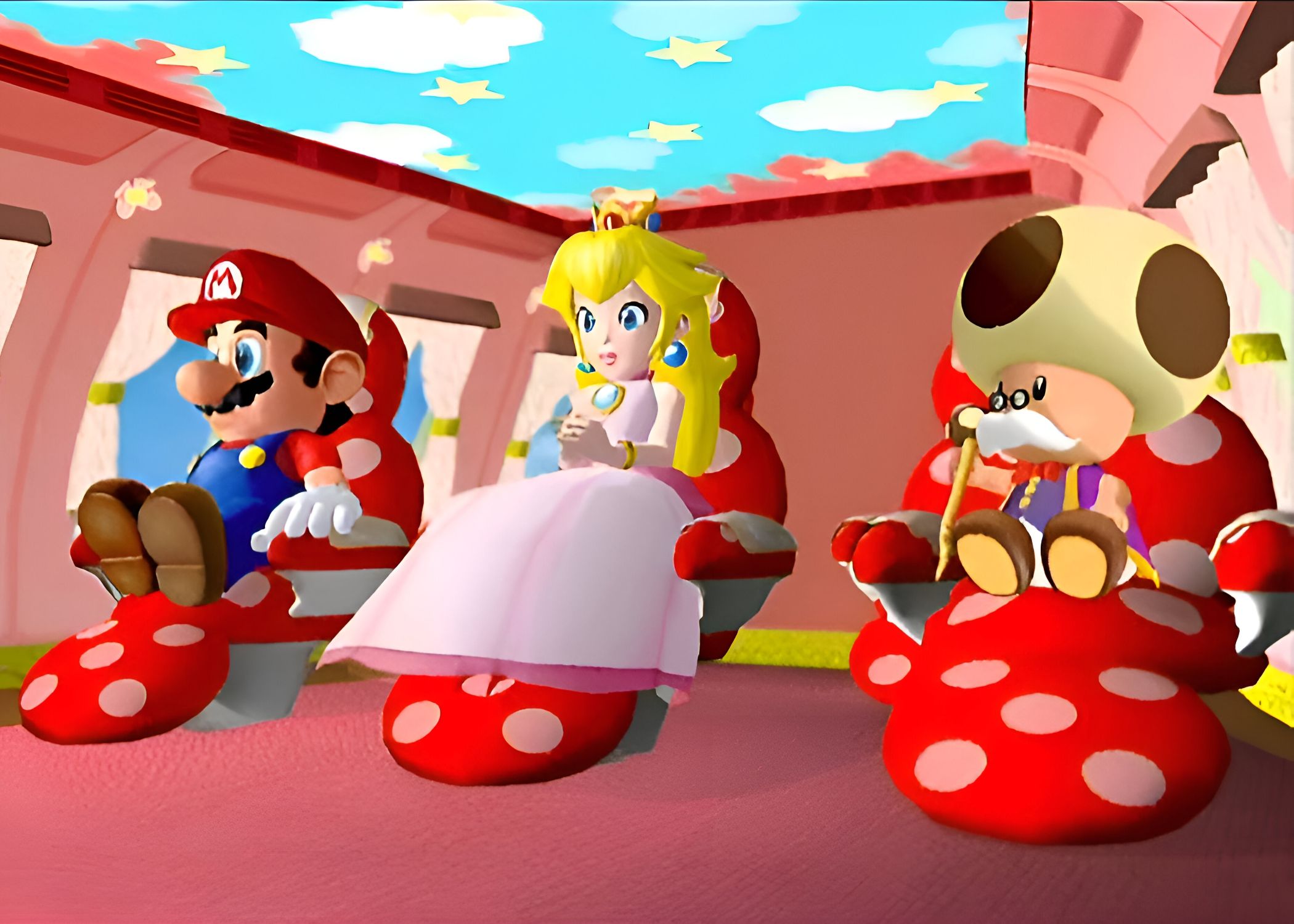 A screenshot from the game Super Mario Sunshine, showing Mario and Princess Peach sitting in individual chairs inside a vehicle with red interiors.