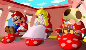 A screenshot from the game Super Mario Sunshine, showing Mario and Princess Peach sitting in individual chairs inside a vehicle with red interiors.