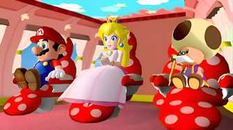 A screenshot from the game Super Mario Sunshine, showing Mario and Princess Peach sitting in individual chairs inside a vehicle with red interiors.