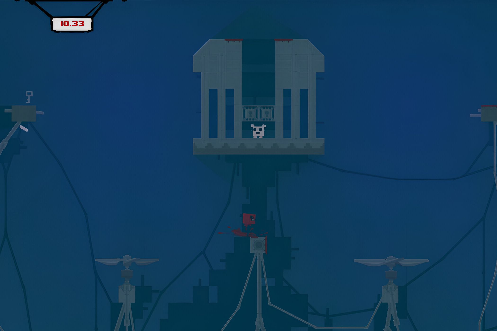 A screenshot from the game Super Meat Boy, showing a dark, eerie level with big fans. A red cube of meat, the protagonist, is trying to reach the pink cube of meat, who is trapped in a cage.