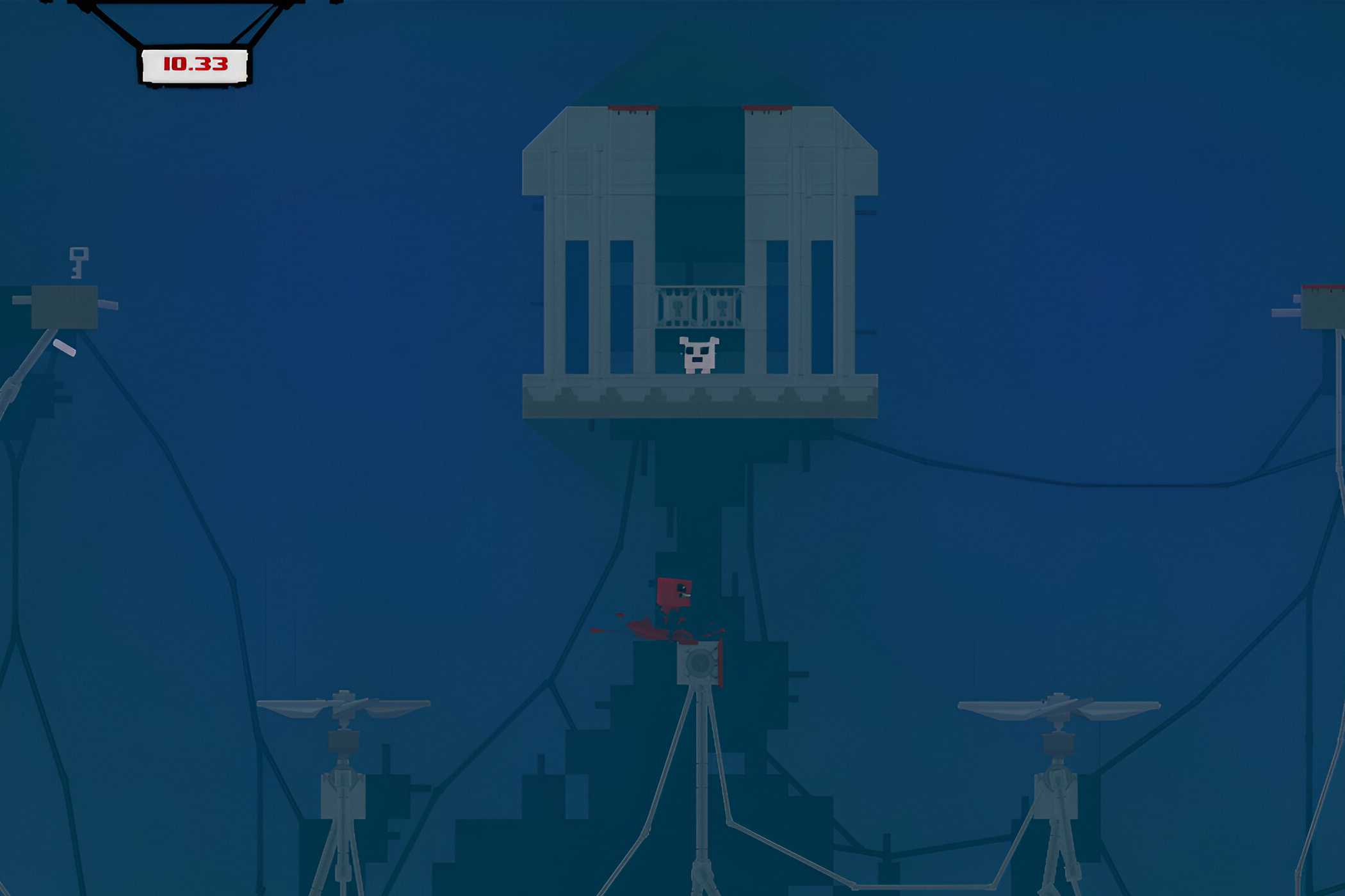 A screenshot from the game Super Meat Boy, showing a dark, eerie level with big fans. A red cube of meat, the protagonist, is trying to reach the pink cube of meat, who is trapped in a cage.