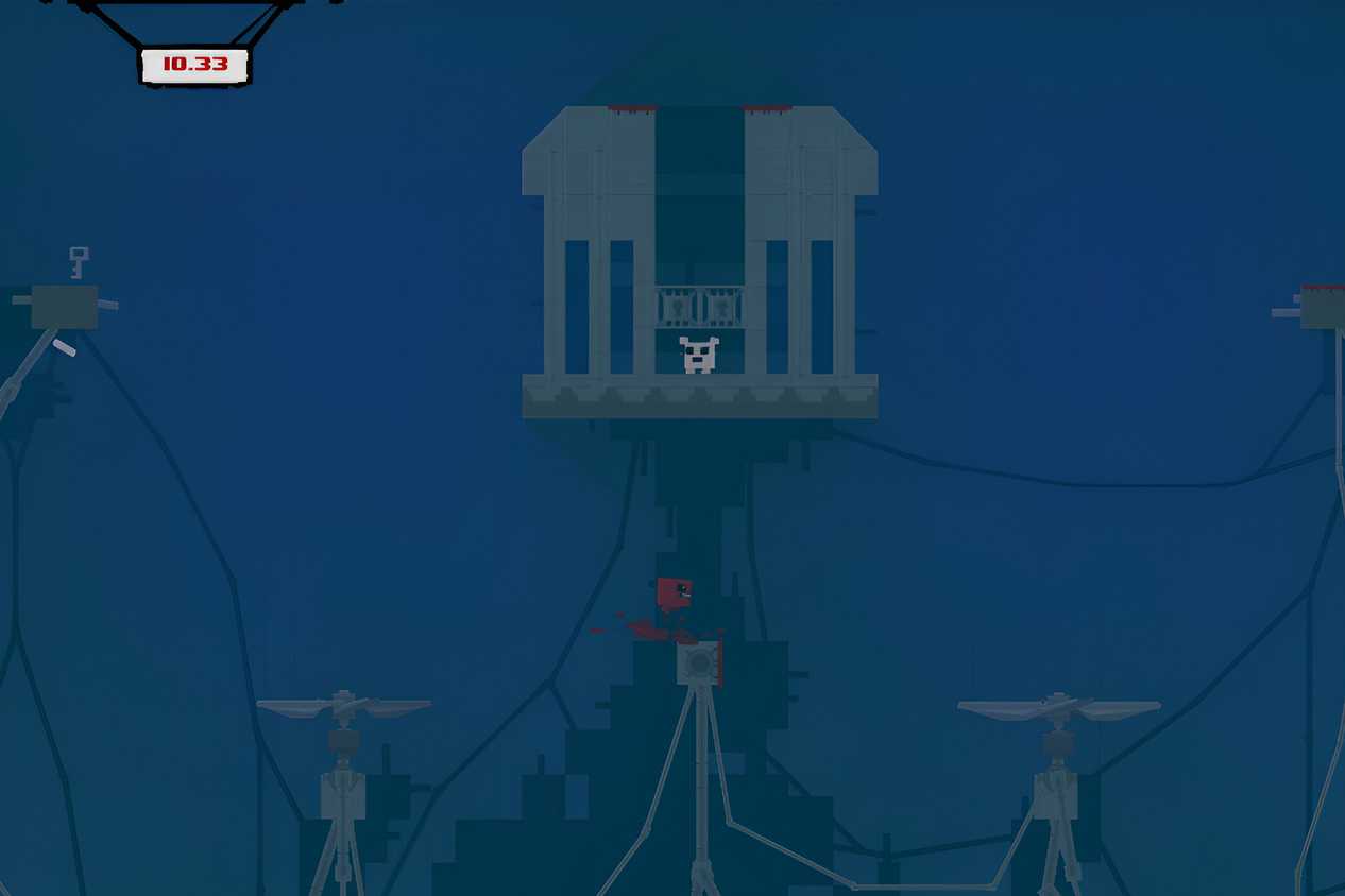 A screenshot from the game Super Meat Boy, showing a dark, eerie level with big fans. A red cube of meat, the protagonist, is trying to reach the pink cube of meat, who is trapped in a cage.