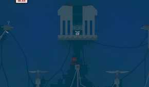 A screenshot from the game Super Meat Boy, showing a dark, eerie level with big fans. A red cube of meat, the protagonist, is trying to reach the pink cube of meat, who is trapped in a cage.