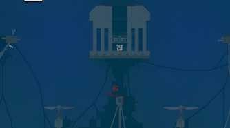 A screenshot from the game Super Meat Boy, showing a dark, eerie level with big fans. A red cube of meat, the protagonist, is trying to reach the pink cube of meat, who is trapped in a cage.