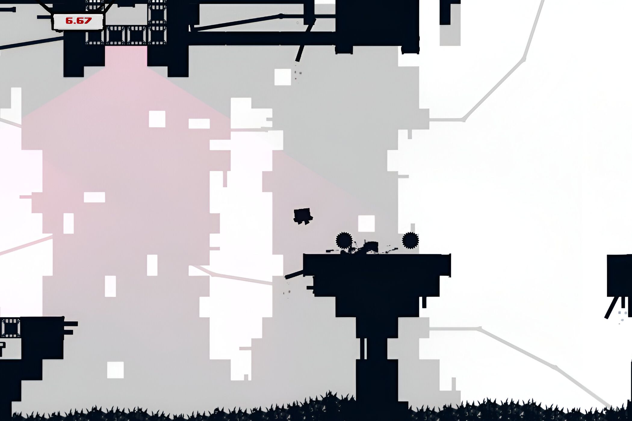 A screenshot from the game Super Meat Boy, showing a monochromatic level from the game.