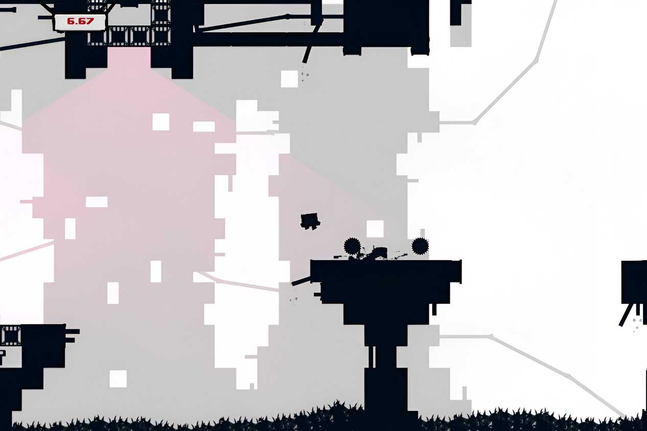 A screenshot from the game Super Meat Boy, showing a monochromatic level from the game.