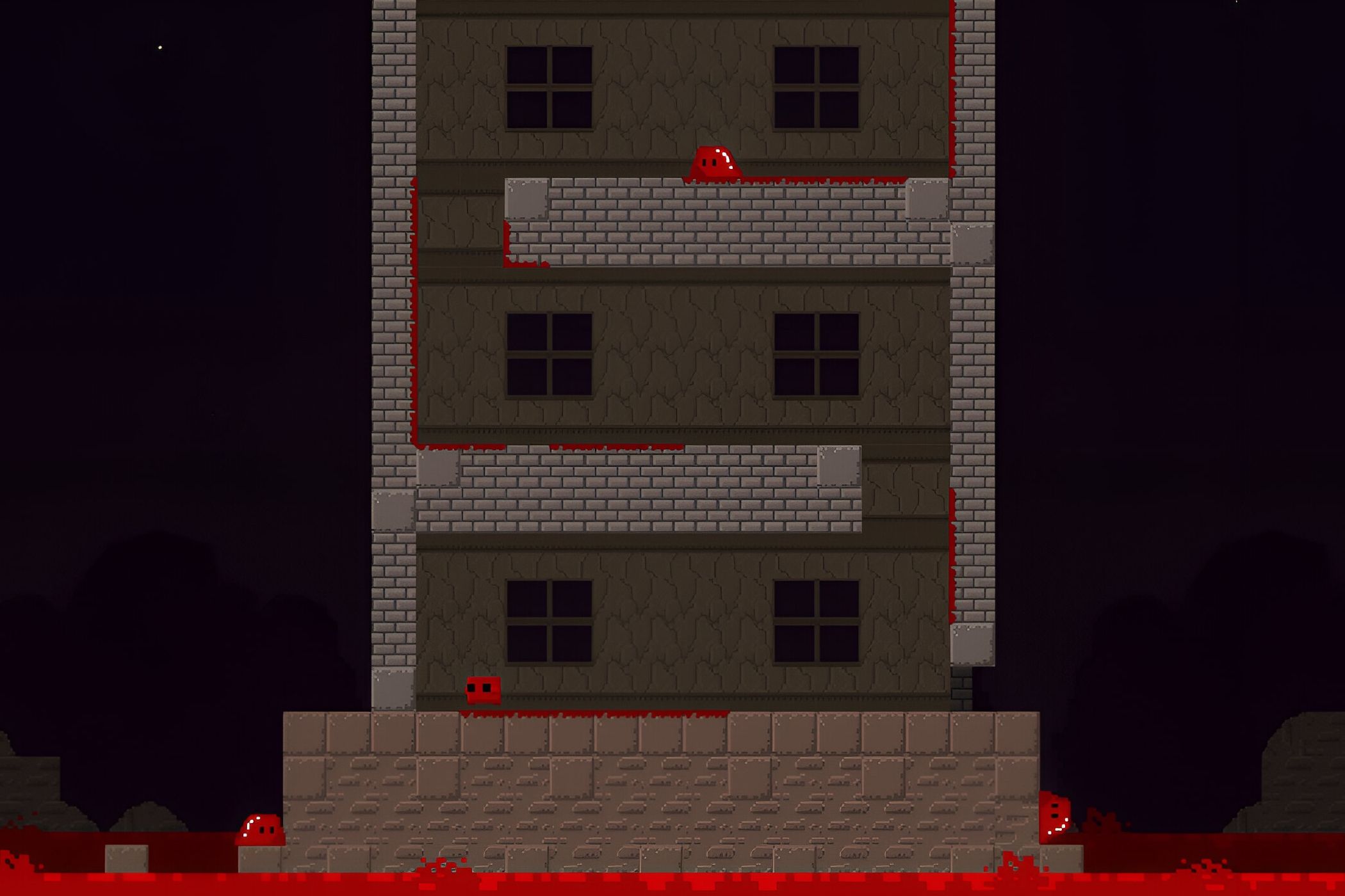 A screenshot from the game Super Meat Boy, showing a level from the game where a red cube of meat is trying to avoid other red slobs of meat.