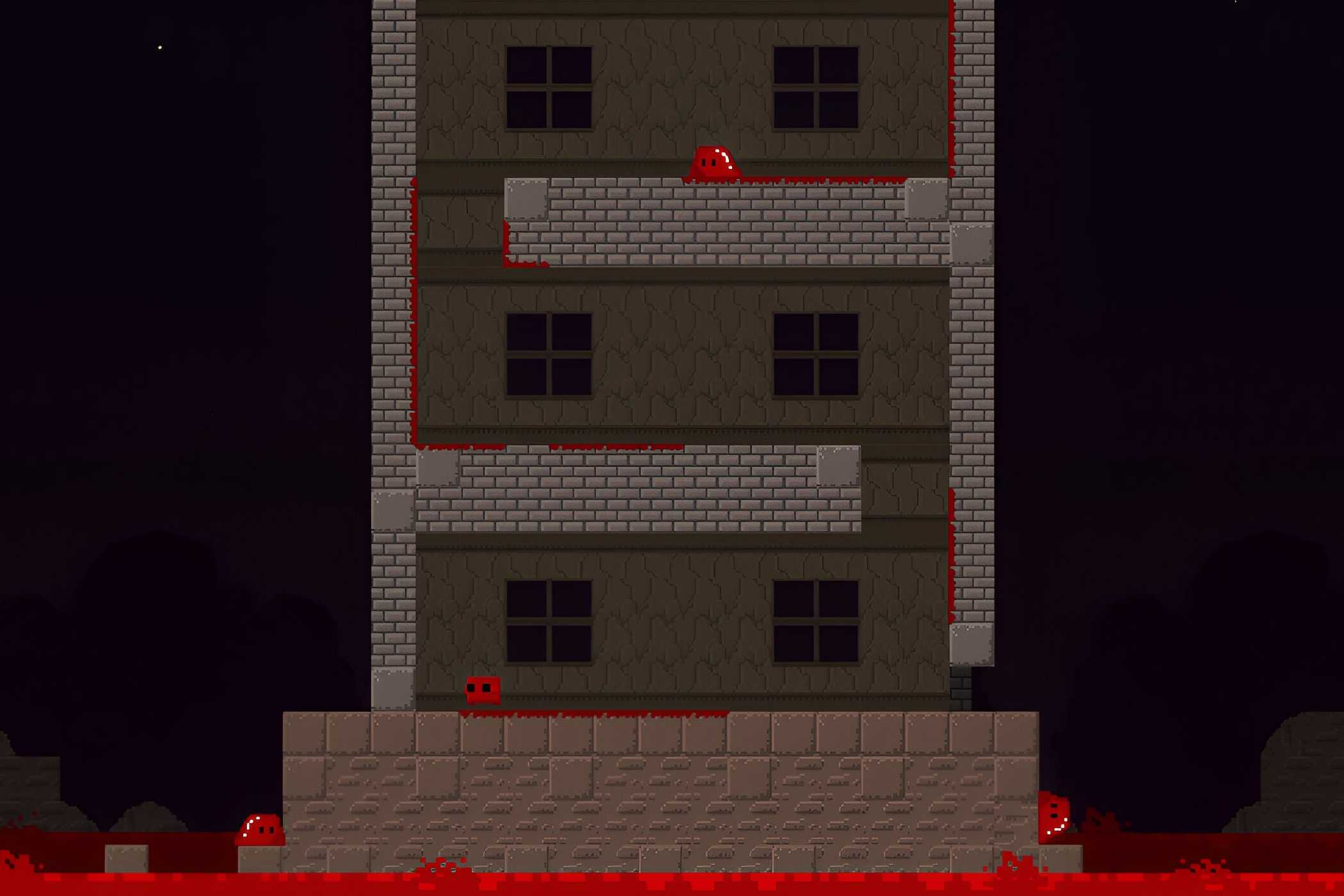 A screenshot from the game Super Meat Boy, showing a level from the game where a red cube of meat is trying to avoid other red slobs of meat.