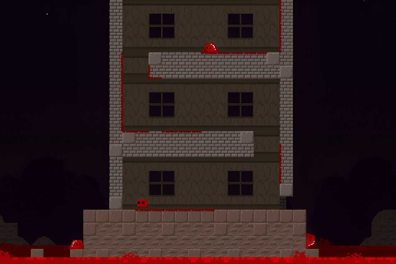 A screenshot from the game Super Meat Boy, showing a level from the game where a red cube of meat is trying to avoid other red slobs of meat.