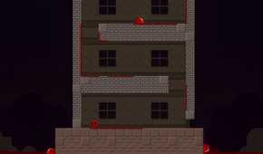 A screenshot from the game Super Meat Boy, showing a level from the game where a red cube of meat is trying to avoid other red slobs of meat.