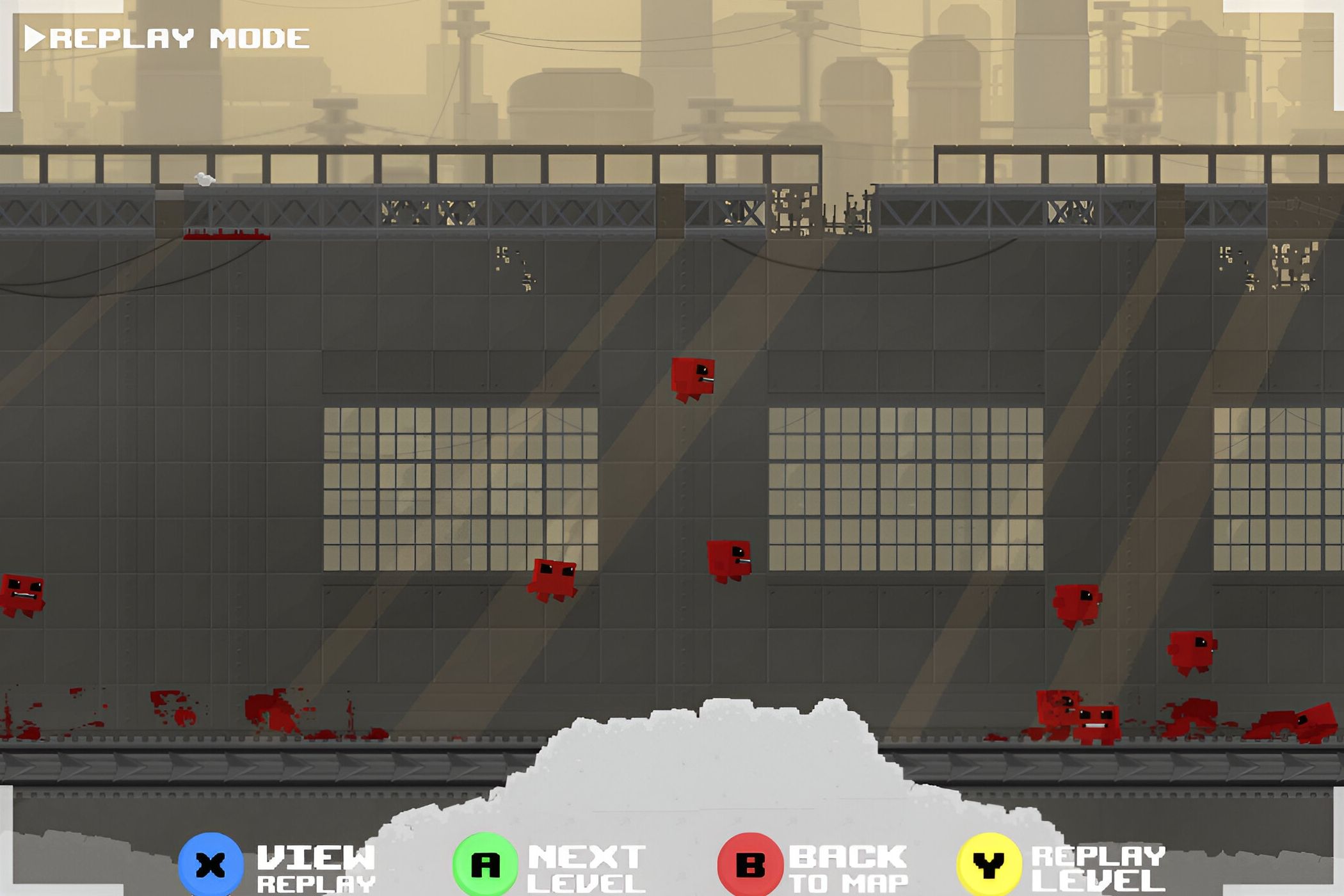 A screenshot from the game Super Meat Boy, showing a level's replay-viewer, with multiple instances of a cube of meat running and jumping around the level.