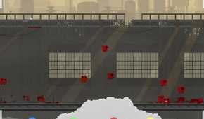 A screenshot from the game Super Meat Boy, showing a level's replay-viewer, with multiple instances of a cube of meat running and jumping around the level.