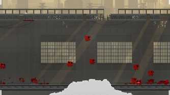 A screenshot from the game Super Meat Boy, showing a level's replay-viewer, with multiple instances of a cube of meat running and jumping around the level.