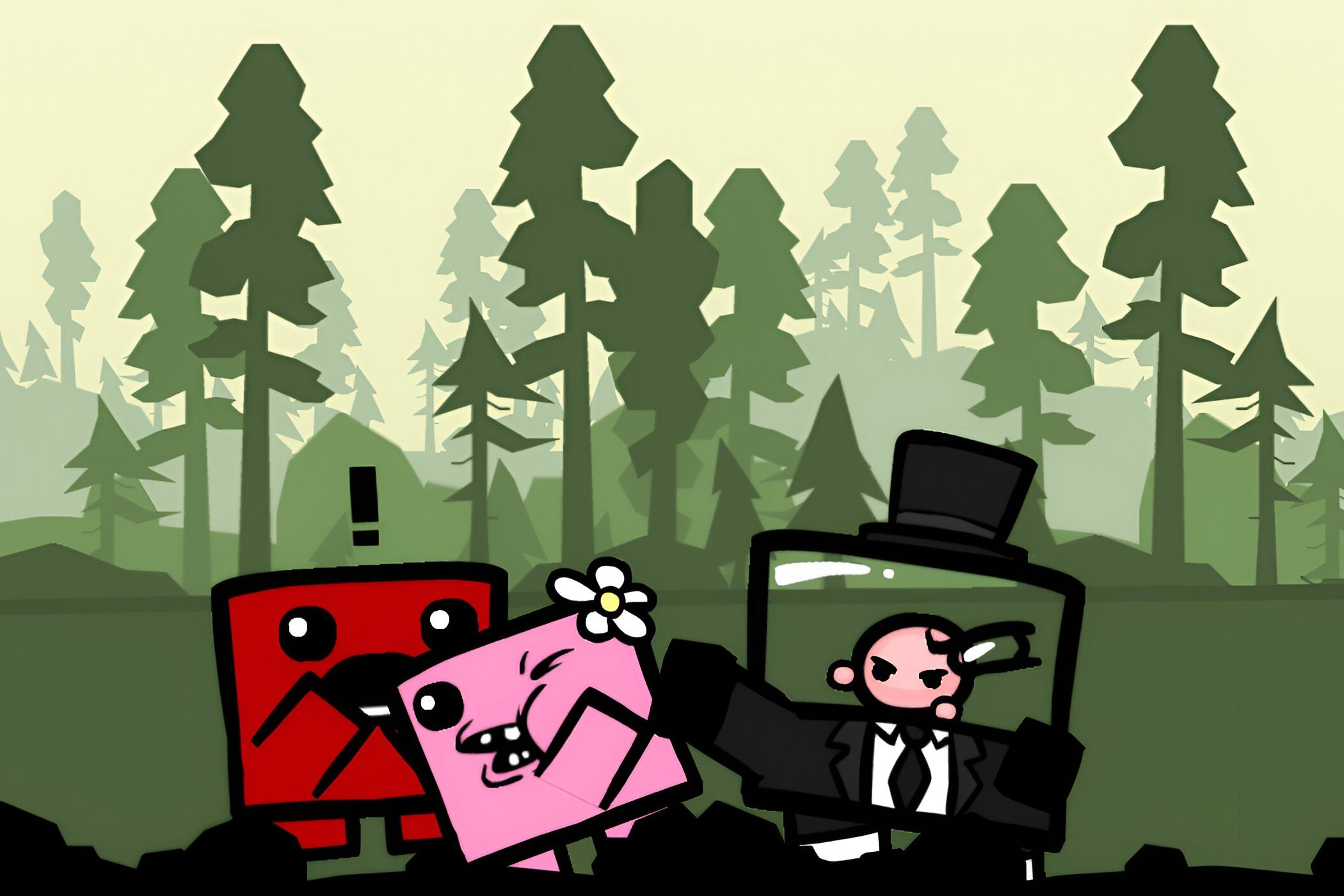 A screenshot from the game Super Meat Boy, showing a red meat of cube gasping as a fetus in a coat and top hat hit a pink, female cube witha daisy on her head.