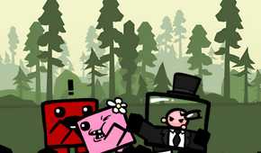 A screenshot from the game Super Meat Boy, showing a red meat of cube gasping as a fetus in a coat and top hat hit a pink, female cube witha daisy on her head.