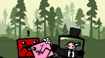 A screenshot from the game Super Meat Boy, showing a red meat of cube gasping as a fetus in a coat and top hat hit a pink, female cube witha daisy on her head.
