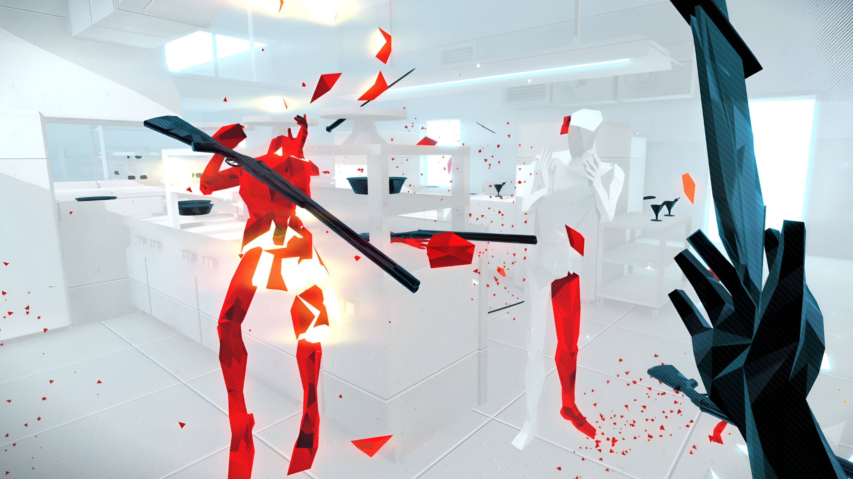 An image from the 2016 game Superhot, featuring all-white environments with hostiles appearing in red polygons.