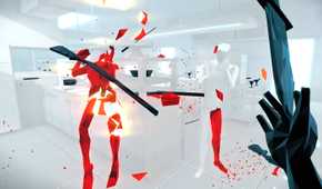 An image from the 2016 game Superhot, featuring all-white environments with hostiles appearing in red polygons.