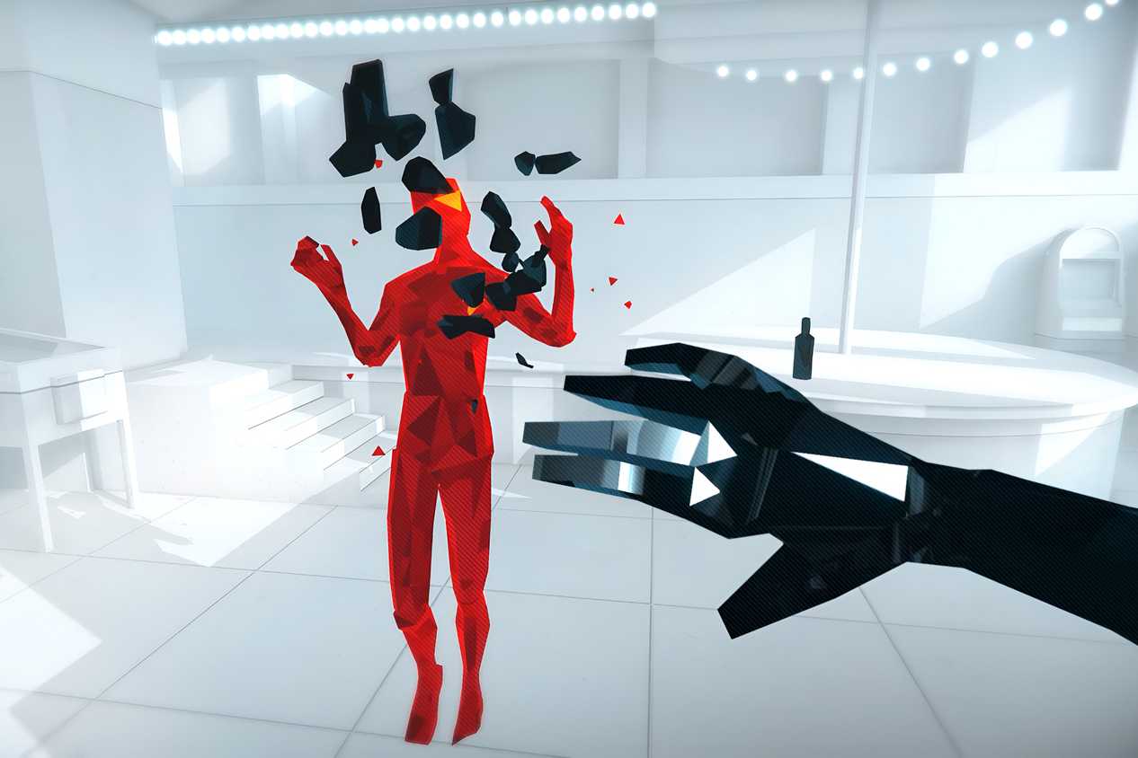 A screenshot from the game Superhot, showing the protagonist holding up their handing while standing in a completely white environment, facing an enemy in red.