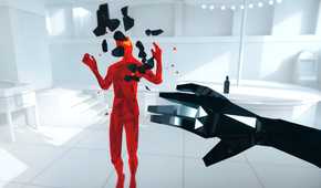 A screenshot from the game Superhot, showing the protagonist holding up their handing while standing in a completely white environment, facing an enemy in red.