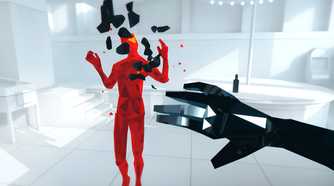A screenshot from the game Superhot, showing the protagonist holding up their handing while standing in a completely white environment, facing an enemy in red.