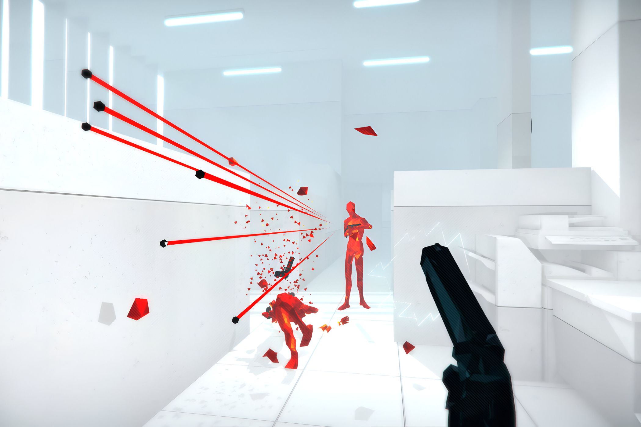A screenshot from the game Superhot, showing bullets blazing past the protagonist as an enemy covered in red shoots at them.