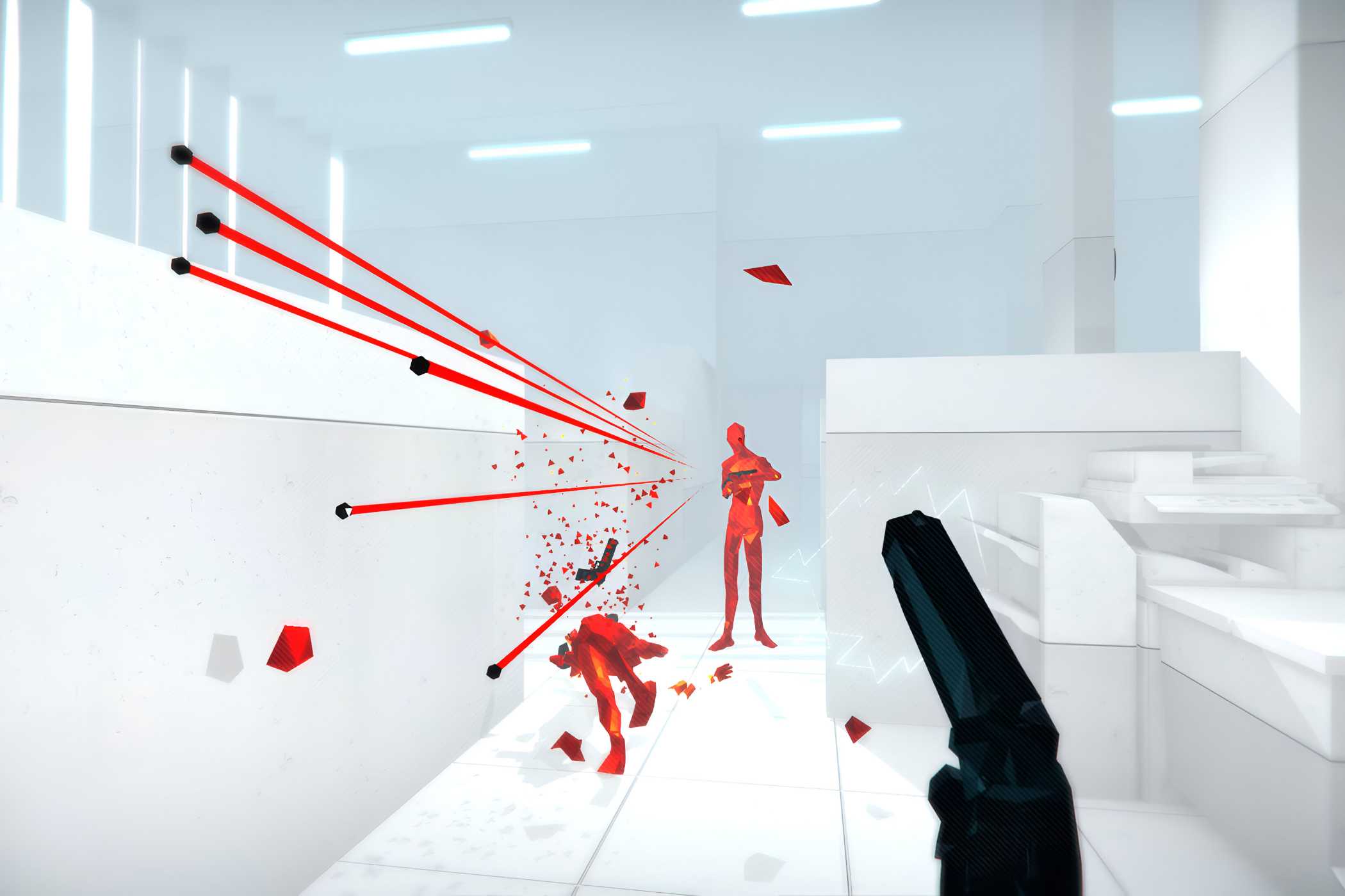 A screenshot from the game Superhot, showing bullets blazing past the protagonist as an enemy covered in red shoots at them.