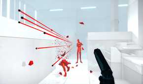 A screenshot from the game Superhot, showing bullets blazing past the protagonist as an enemy covered in red shoots at them.