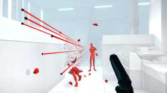 A screenshot from the game Superhot, showing bullets blazing past the protagonist as an enemy covered in red shoots at them.