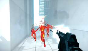 A screenshot from the game Superhot, showing the protagonist wielding a rifle, shooting at three hostiles in red as they disintegrate upon coming into contact with bullets.