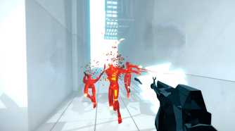 A screenshot from the game Superhot, showing the protagonist wielding a rifle, shooting at three hostiles in red as they disintegrate upon coming into contact with bullets.