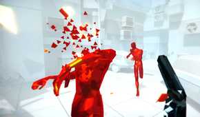 A screenshot from the game Superhot, showing a stark white environment with enemies in red disintegrating as the protagonist wields a black pistol.