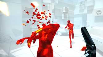 A screenshot from the game Superhot, showing a stark white environment with enemies in red disintegrating as the protagonist wields a black pistol.