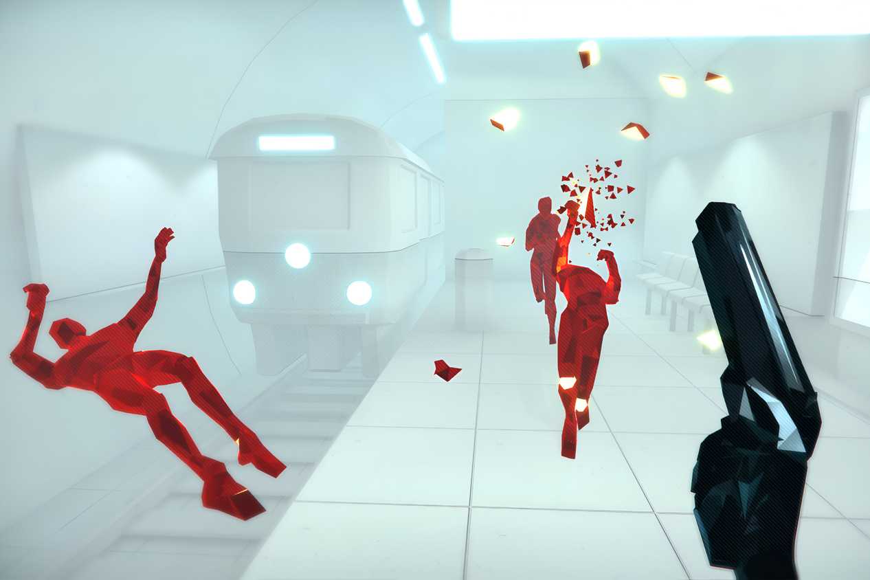 A screenshot from the game Superhot, showing a stark white subway station, as the protagonist takes on 3 combatants at once.