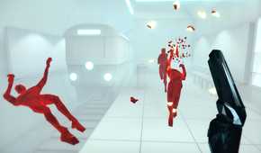 A screenshot from the game Superhot, showing a stark white subway station, as the protagonist takes on 3 combatants at once.