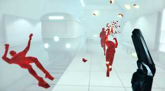 A screenshot from the game Superhot, showing a stark white subway station, as the protagonist takes on 3 combatants at once.
