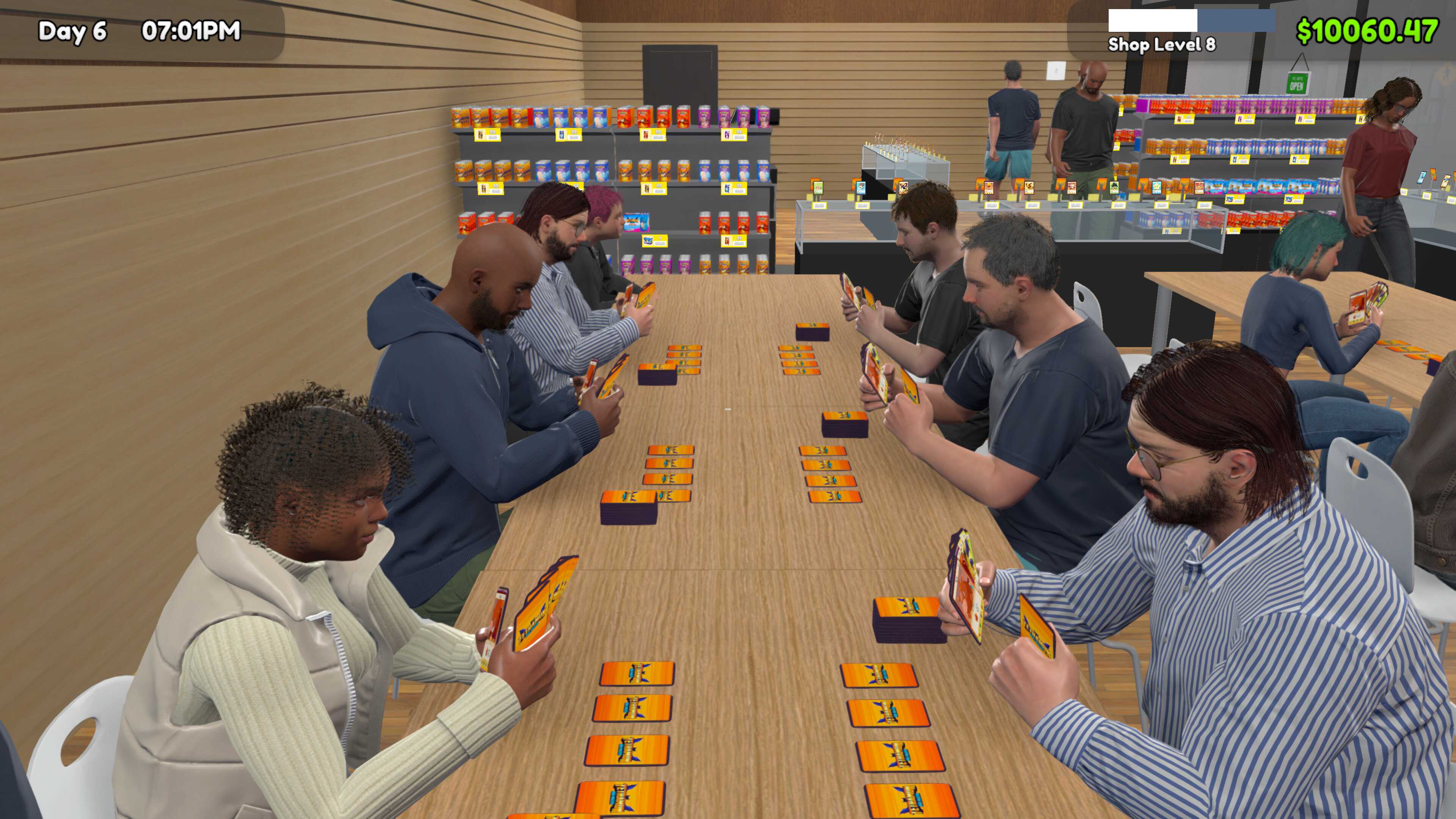 Screenshot from TCG Card Shop Simulator video game of people playing trading card games at a long table