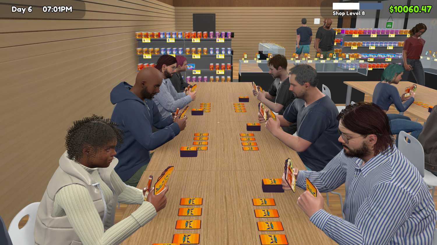 Screenshot from TCG Card Shop Simulator video game of people playing trading card games at a long table