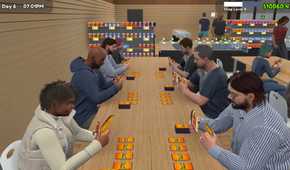 Screenshot from TCG Card Shop Simulator video game of people playing trading card games at a long table