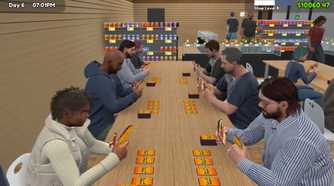 Screenshot from TCG Card Shop Simulator video game of people playing trading card games at a long table