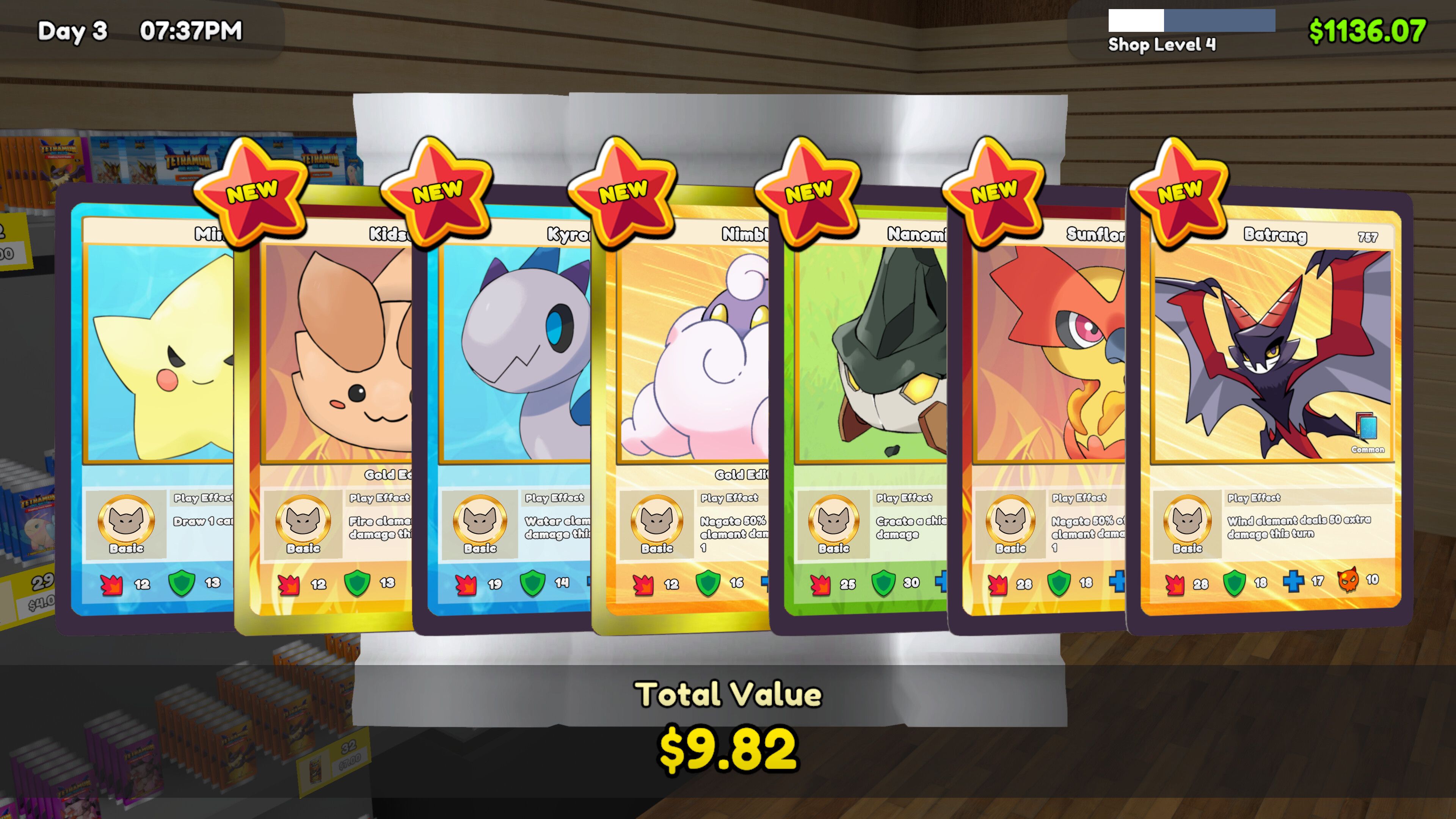 Screenshot from TCG Card Shop Simulator video game of multiple trading cards lined out in a row