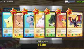 Screenshot from TCG Card Shop Simulator video game of multiple trading cards lined out in a row
