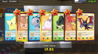Screenshot from TCG Card Shop Simulator video game of multiple trading cards lined out in a row