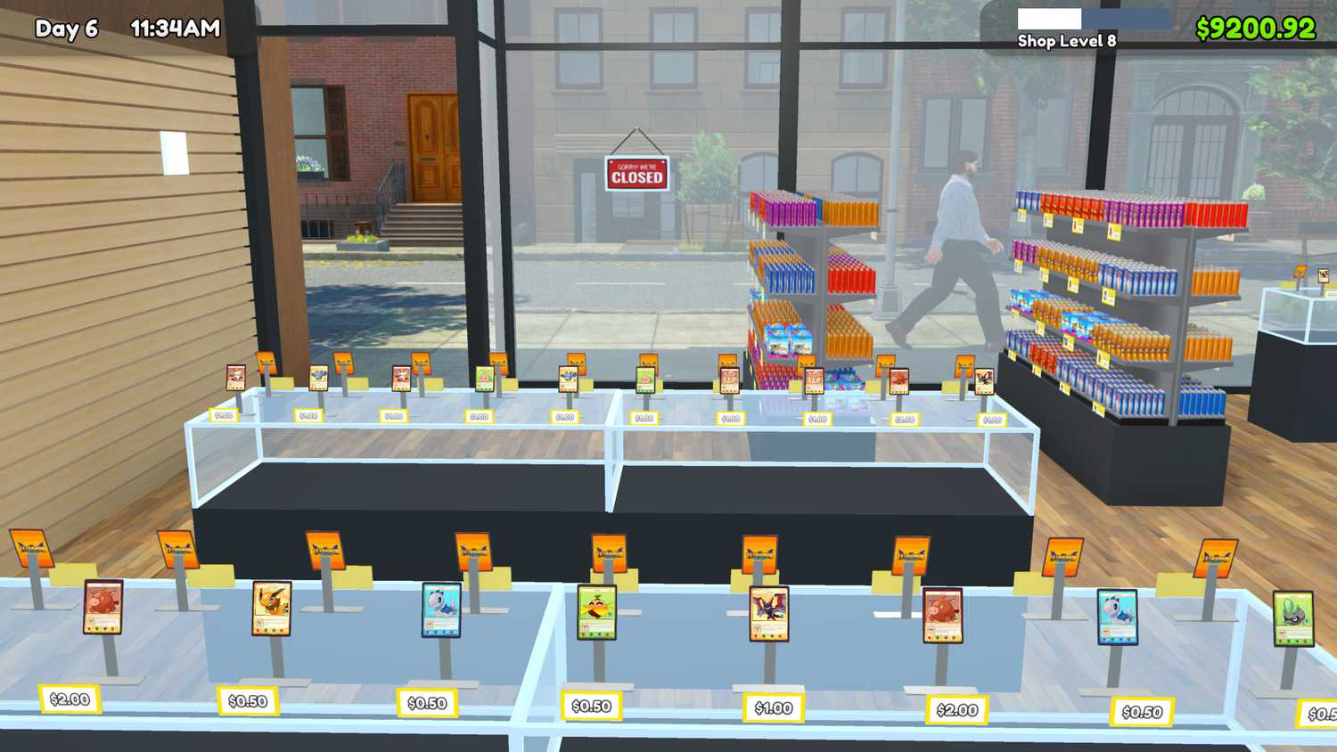 Screenshot from TCG Card Shop Simulator video game of trading card store interior with cards on display