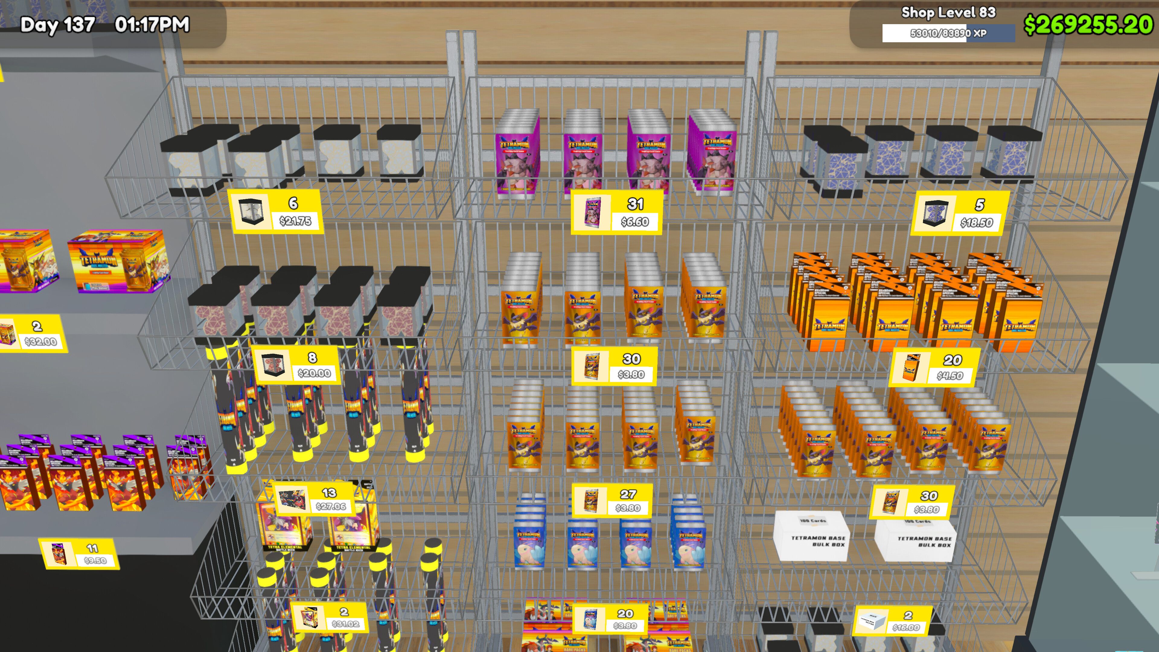 Screenshot from TCG Card Shop Simulator video game of trading card packs on shelves.