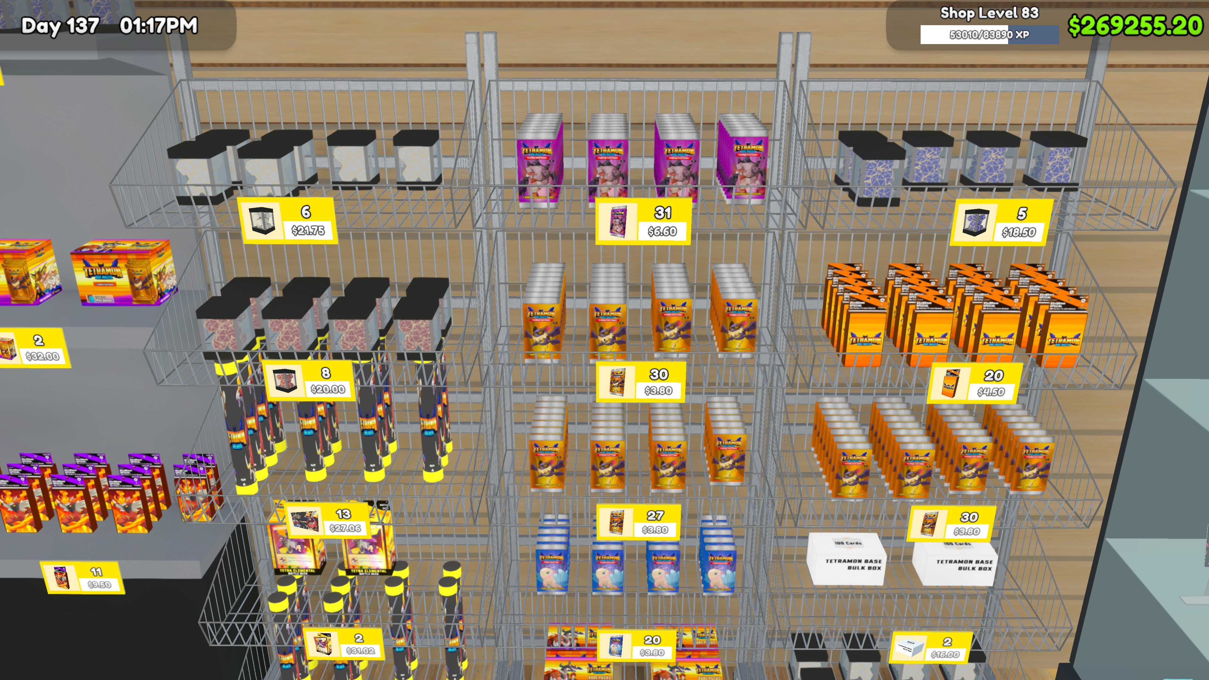 Screenshot from TCG Card Shop Simulator video game of trading card packs on shelves.