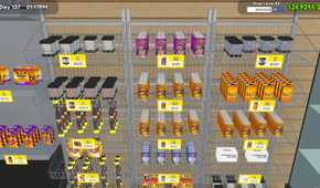 Screenshot from TCG Card Shop Simulator video game of trading card packs on shelves.